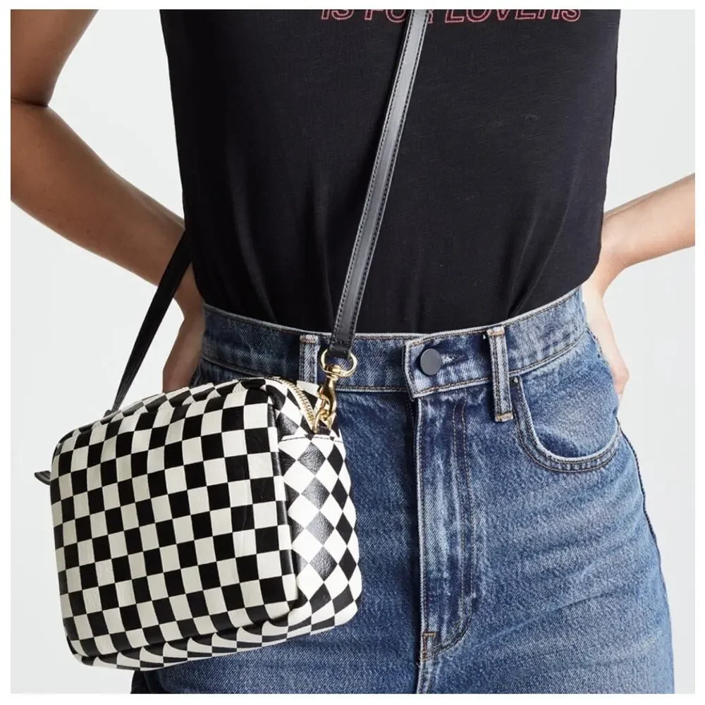 Clare V. Midi Sac Bag Checkered Crossbody Bag Purse Small Black and White - Picture 3 of 12
